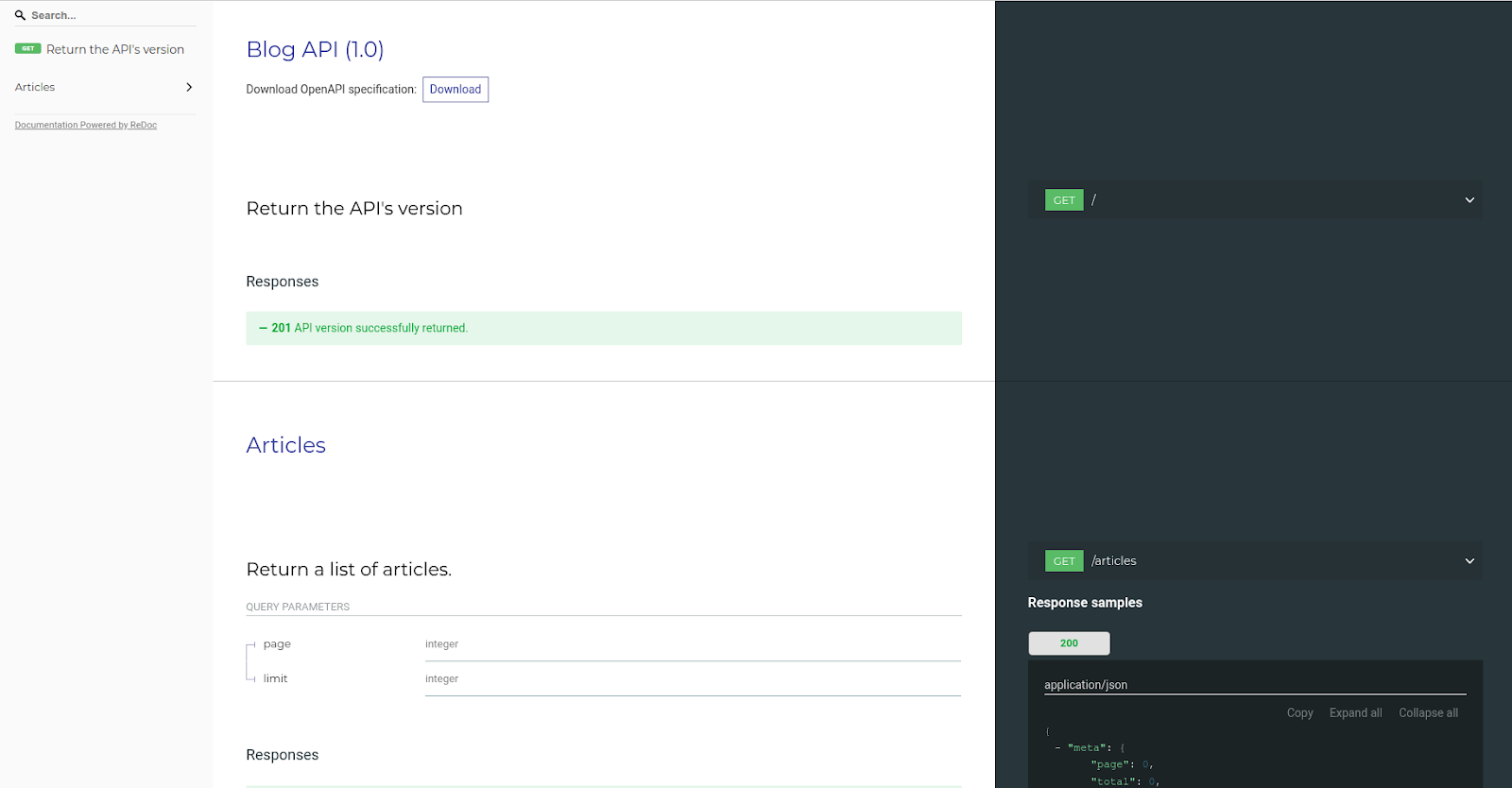ReDoc documentation landing page
